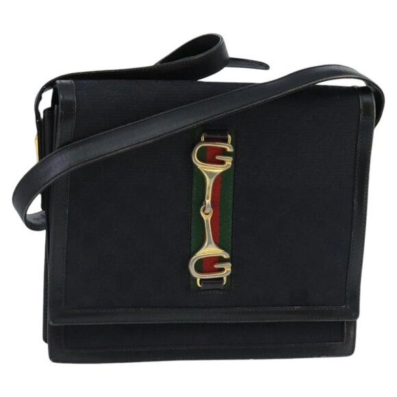 GUCCI GG Canvas Web Sherry Line Horsebit Shoulder Bag Black Red Green - Picture 1 of 16